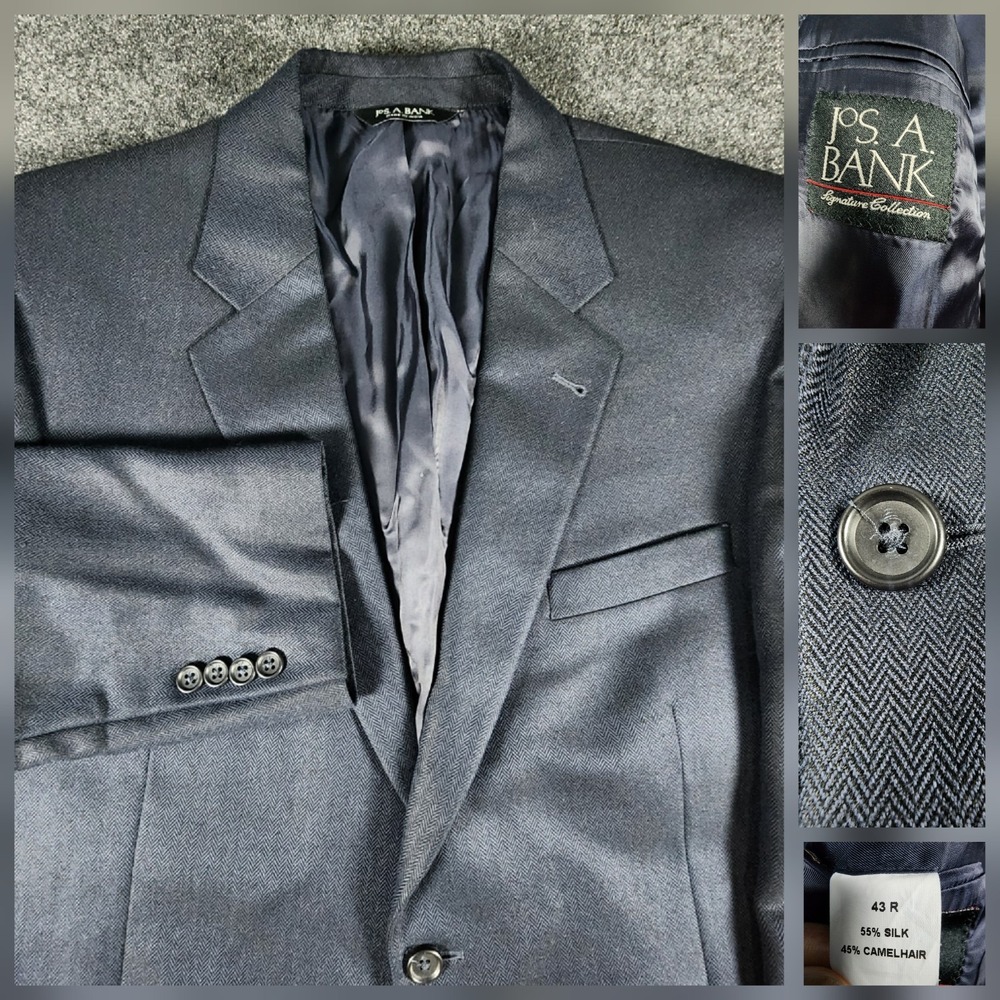 Jos A Banks Mens 43R Navy Blue Herringbone Sport Coat Blazer‎ Silk & Camel Hair
